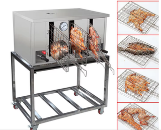 Commercial grill with three stainless steel baskets roasting whole chickens on a wheeled cart, with inset photos of cooked po