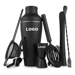 Matte black 8-piece bartender kit with shaker, jigger, strainers, muddler, spoon and pourers