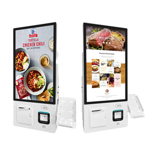 Two 21.5-inch self service vending kiosks displaying food promo screens, chicken chili and steak menu