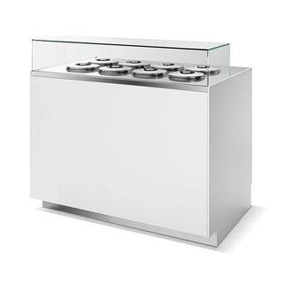 White pozzetti gelato display freezer with flat glass canopy and round tub wells, empty, angled view