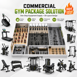Hotel gym equipment package poster with full commercial layout render and equipment icons
