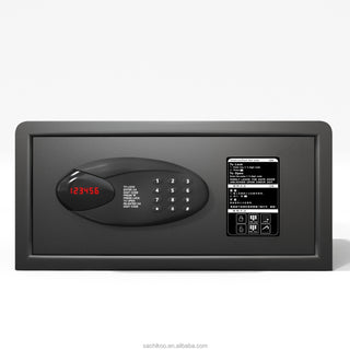 Front view of a dark gray hotel room safe with digital keypad and LED display reading 123456