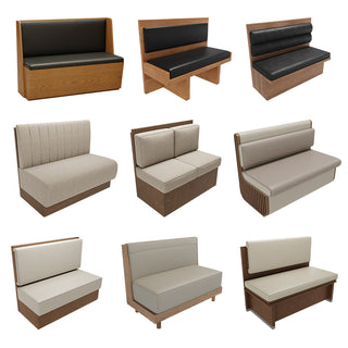 Grid of nine restaurant booth seating styles in black, beige, and cream upholstery with wood bases