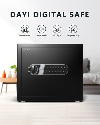 Black digital hotel room safe with electronic keypad, knob lock, and feature icons for alarm, mute mode, LED light, and firep