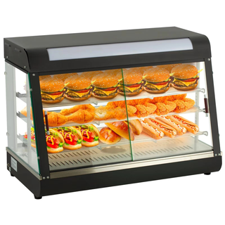Commercial display screen case with 3 tiers holding burgers, chicken tenders and hot dogs