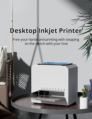 Benchtop inkjet coder with touchscreen on a round side table, printing tray extended