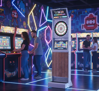 Commercial touchscreen vending machine style dart cabinet in a neon-lit arcade with players nearby