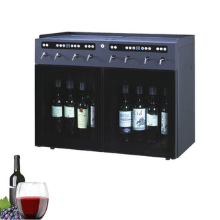 8-bottle wine dispenser with dual glass doors, temperature display, and taps, wine glass with grapes beside it