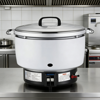 Commercial rice cooker with stainless steel lid closed, sitting on a kitchen countertop