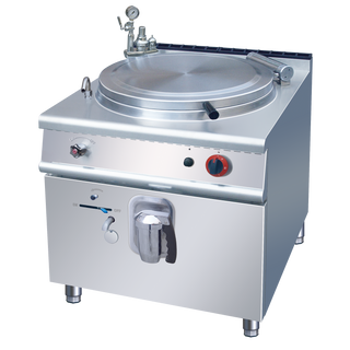 Stainless steel jacketed kettle on white background with pressure gauge, round lid, and control panel