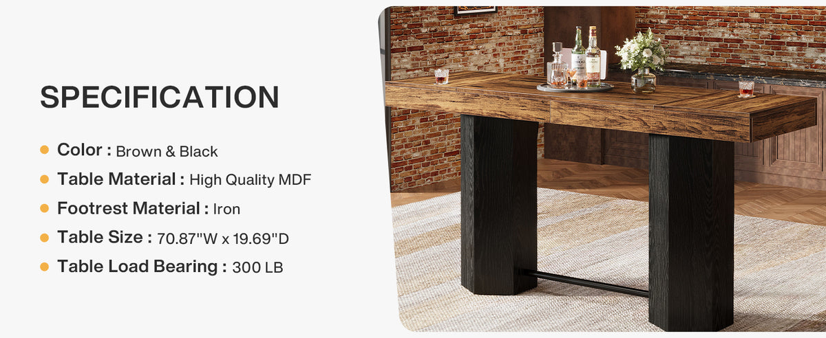 Counter-Height Rectangular Bar Table with Metal Footrest — 71" Long