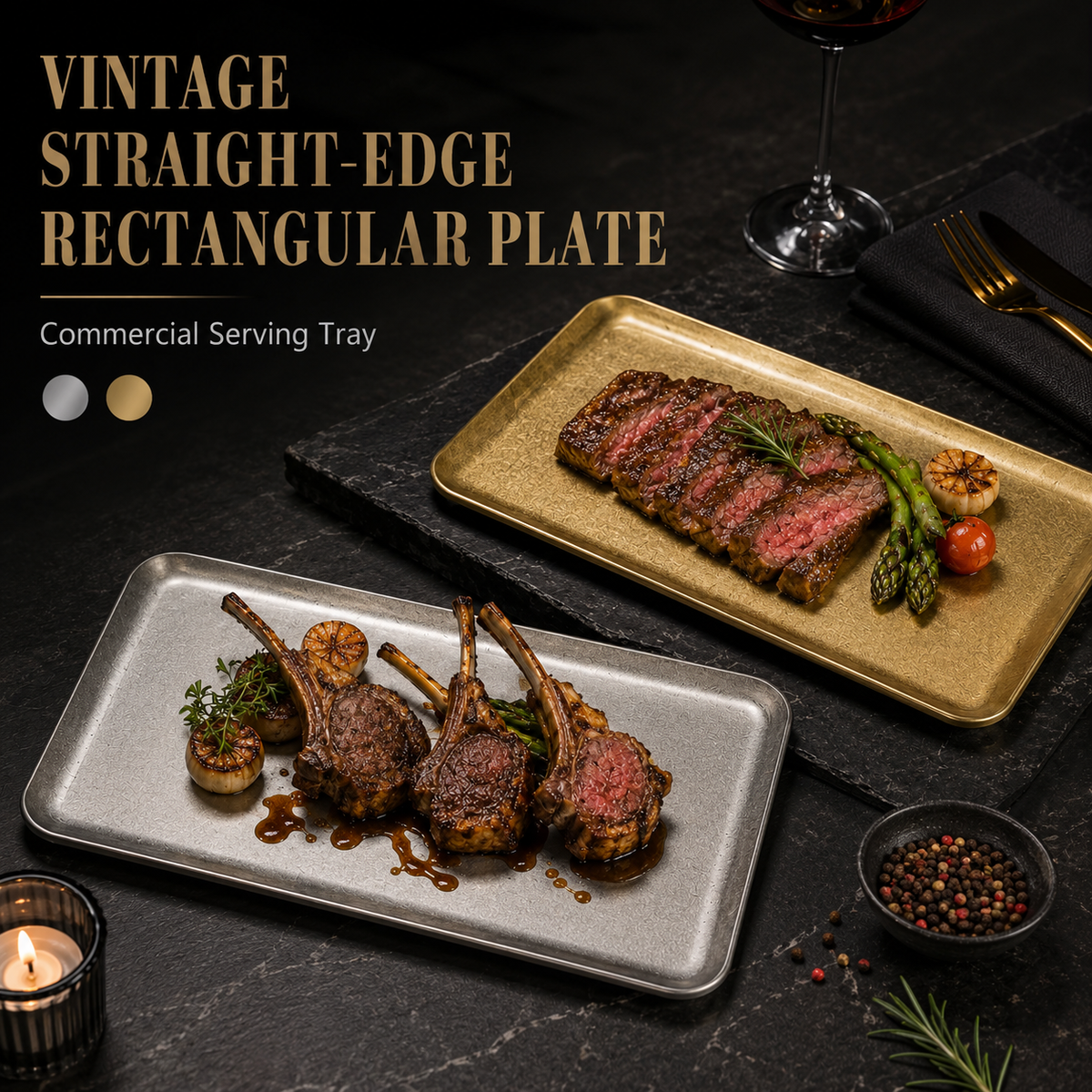Brushed Stainless Steel Rectangular Serving Tray — Vintage Gold & Silver