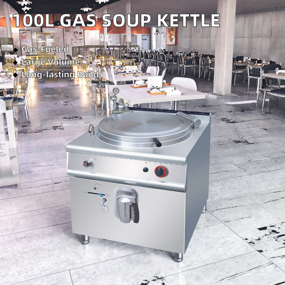 Commercial Gas Soup Kettle — 100 L Stainless Steel Double-Jacketed Pan