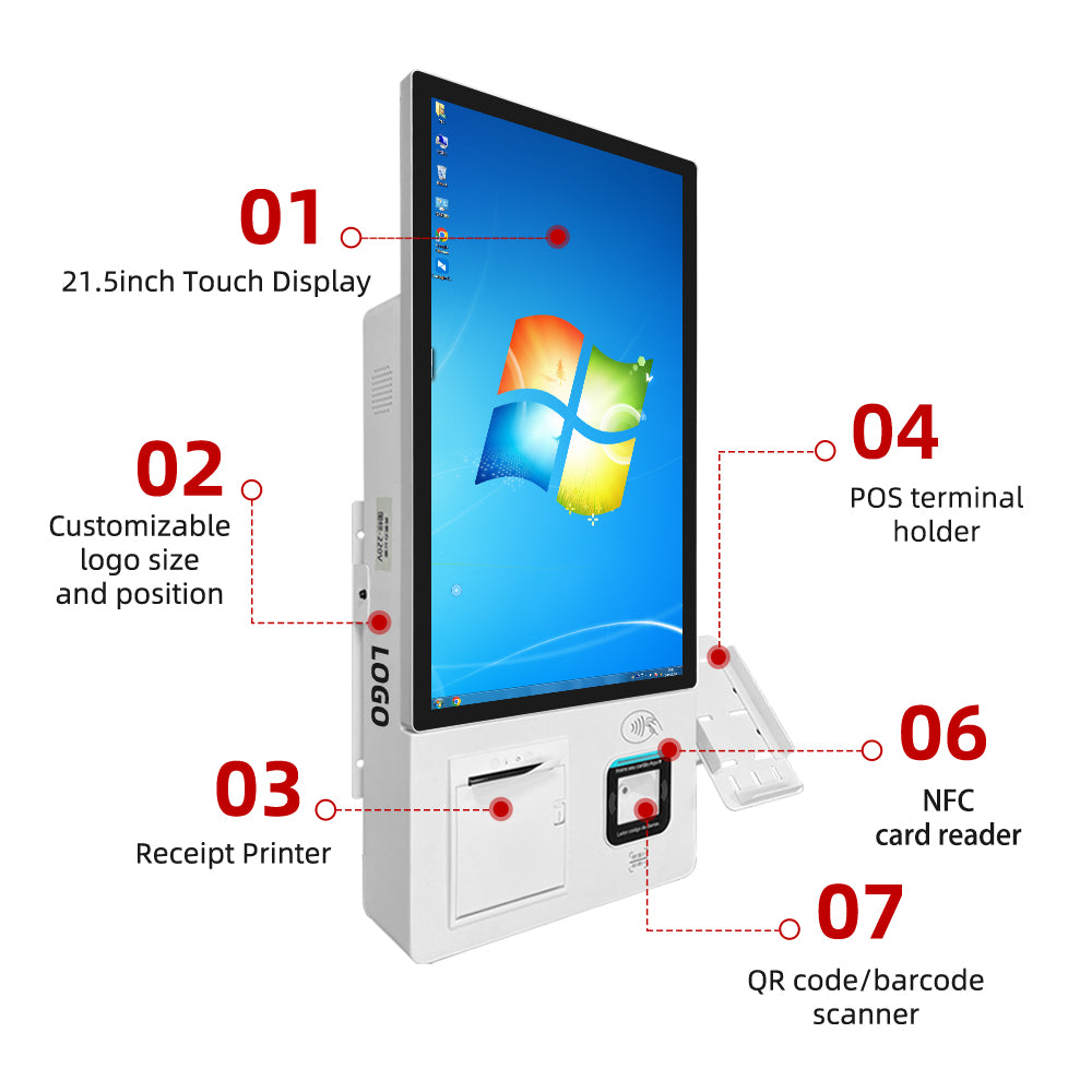 21.5" Wall-Mounted Self-Service Kiosk with Card Reader & Thermal Printer
