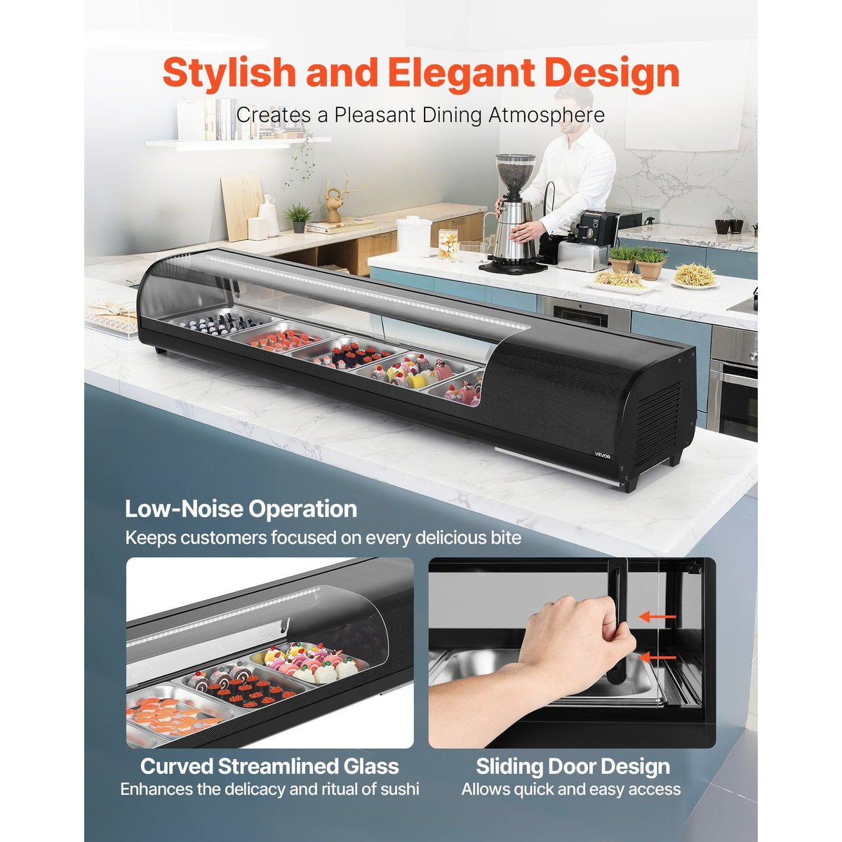 Commercial Countertop Sushi Display Case — 5-Pan, Curved Glass