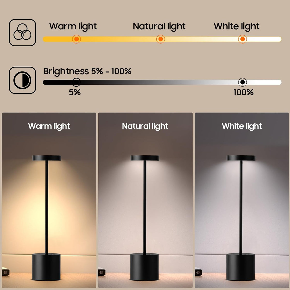 Cordless LED Table Lamp — Rechargeable Metal Dimmable