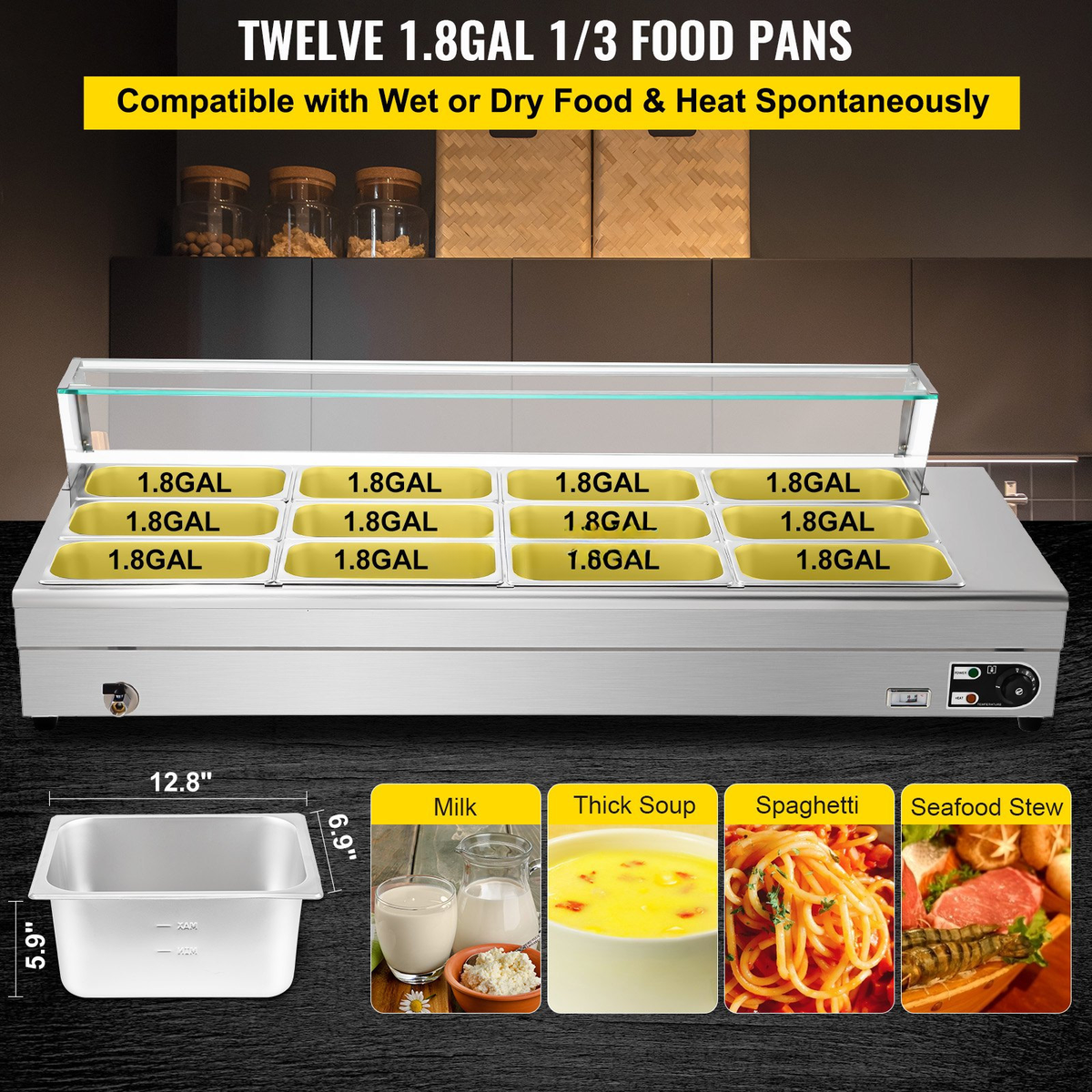 Commercial Electric Bain Marie Food Warmer — 12-Pan with Glass Top