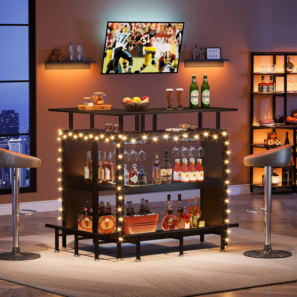 L-Shaped Corner Home Bar Cabinet with Storage & Stemware Racks