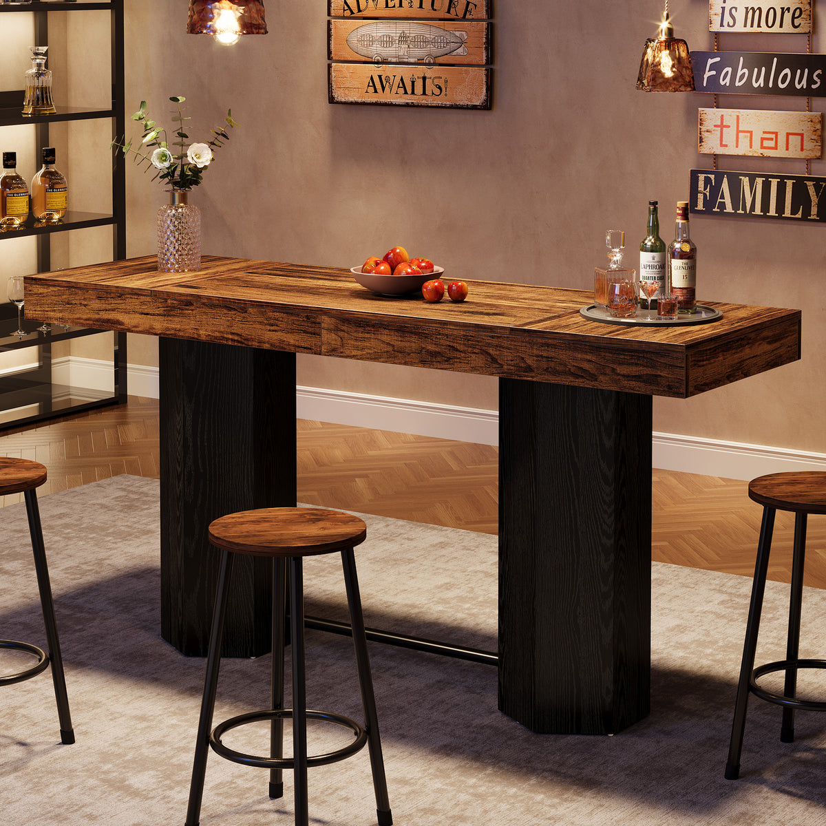 Counter-Height Rectangular Bar Table with Metal Footrest — 71" Long