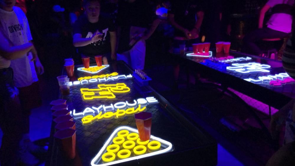 LED Beer Pong Table with Cabinet — RGB Lighted Drinking Game Table