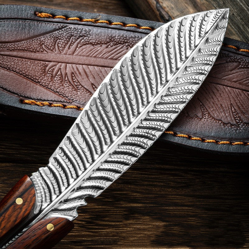 Feather Knife with Hand Engraved Leather Sheath