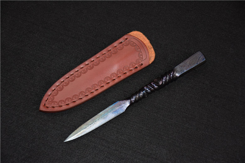 Hand Forged Patterned Steel Tea Knife with Leather Case