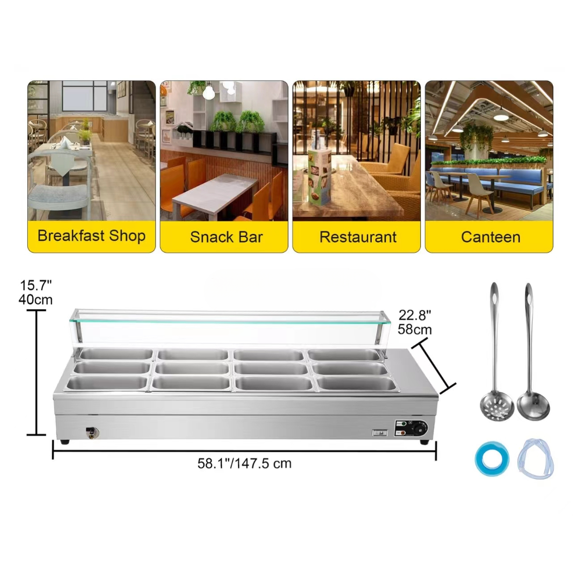 Commercial Electric Bain Marie Food Warmer — 12-Pan with Glass Top