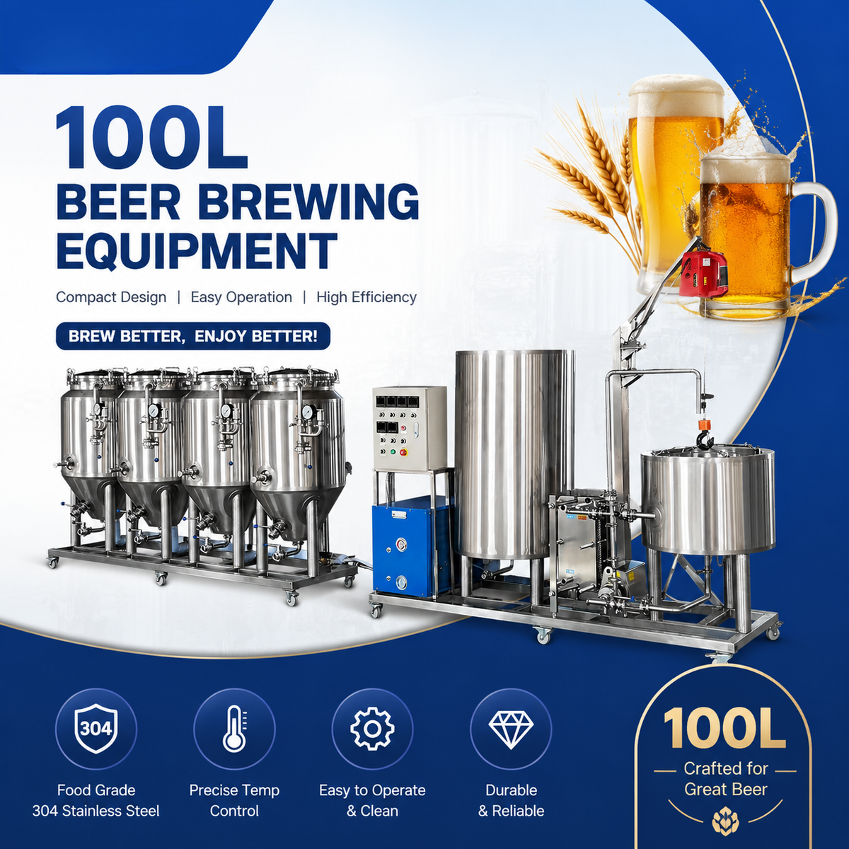 100L Craft Microbrewery System — Brewhouse & Fermenters