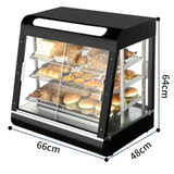 Compact black heated display case with dimensions labeled: 66cm width, 48cm depth, 64cm height