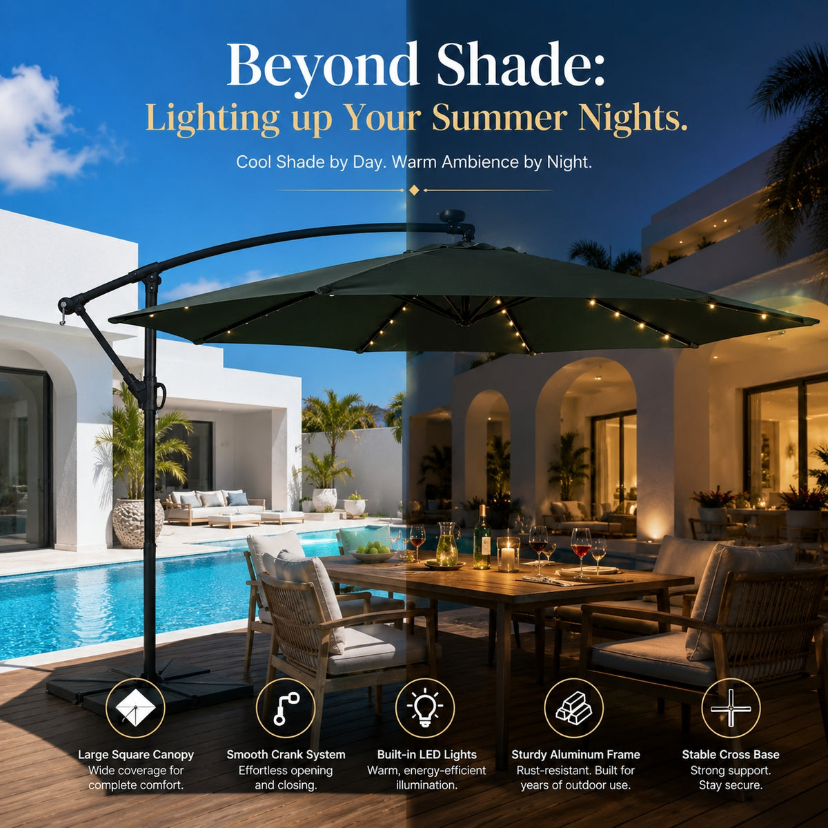 LED Cantilever Patio Umbrella — 10 ft Offset Outdoor Parasol