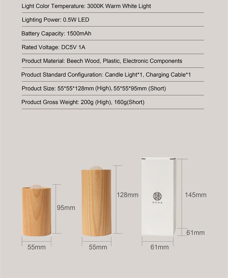 Rechargeable Wooden Flameless LED Candle Lamp — Warm White