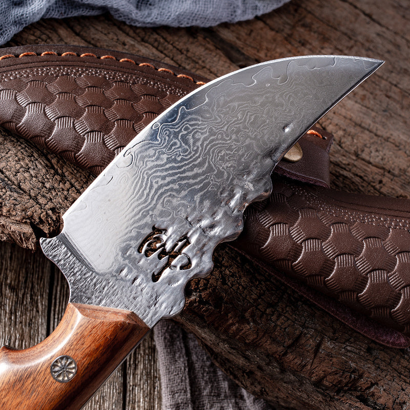 Damascus Steel Steak Knife with Handmade Wood Handle and Sheath