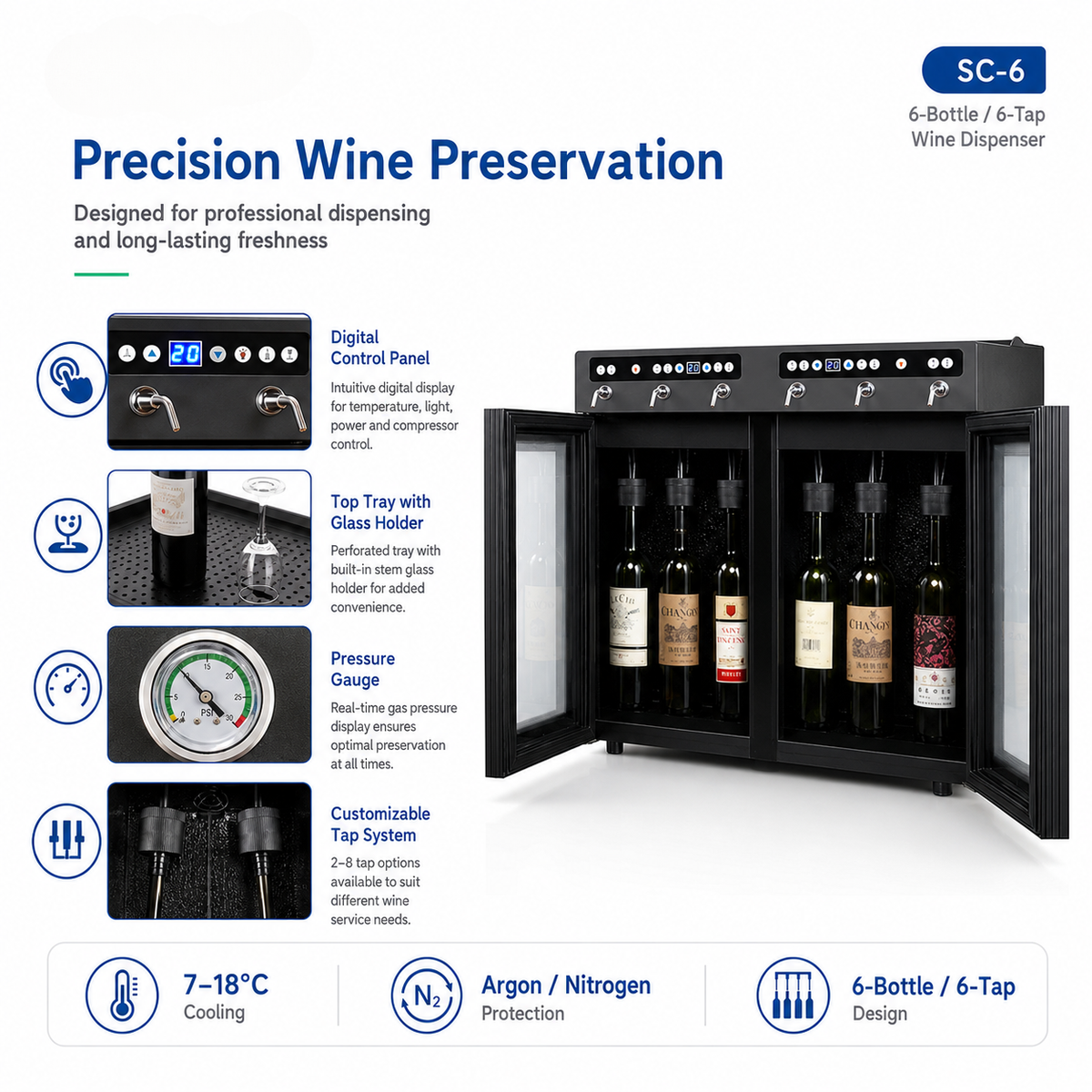 Commercial Wine-by-the-Glass Dispenser — 6 Bottles, 6 Taps