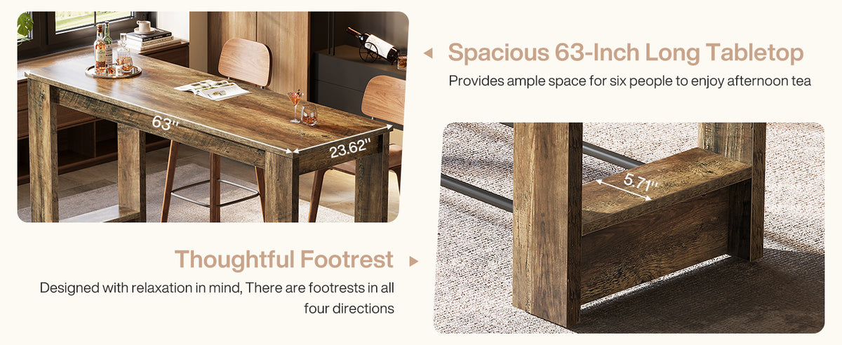 63-Inch Counter-Height Bar Table with Metal Footrest