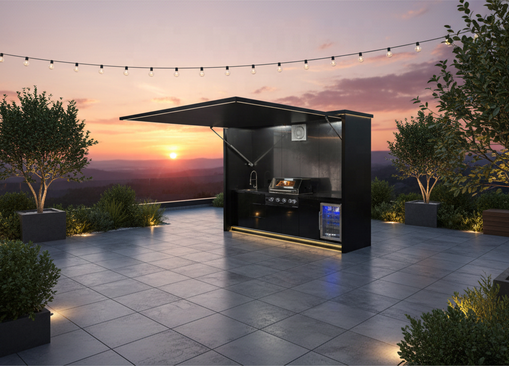 Outdoor Kitchen Cabinet Set with Weatherproof Shed — 4-Burner Gas Grill, 304 Stainless Steel