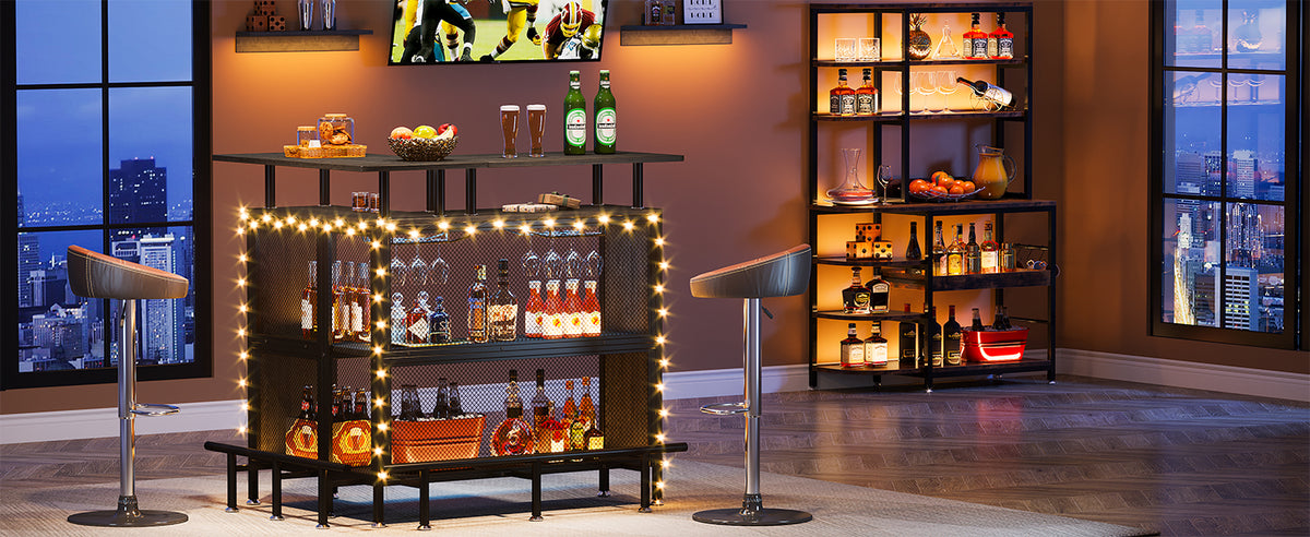L-Shaped Corner Home Bar Cabinet with Storage & Stemware Racks