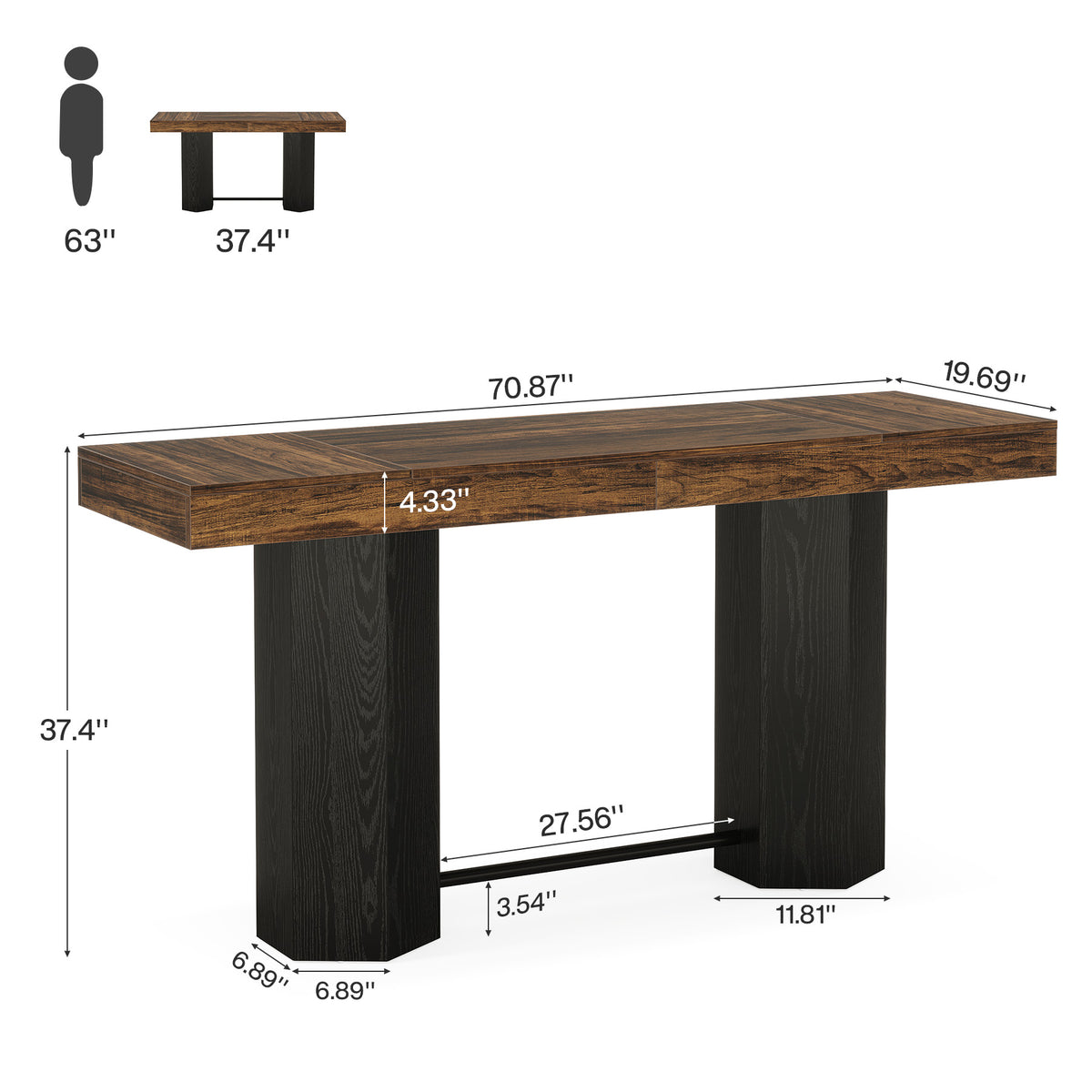 Counter-Height Rectangular Bar Table with Metal Footrest — 71" Long