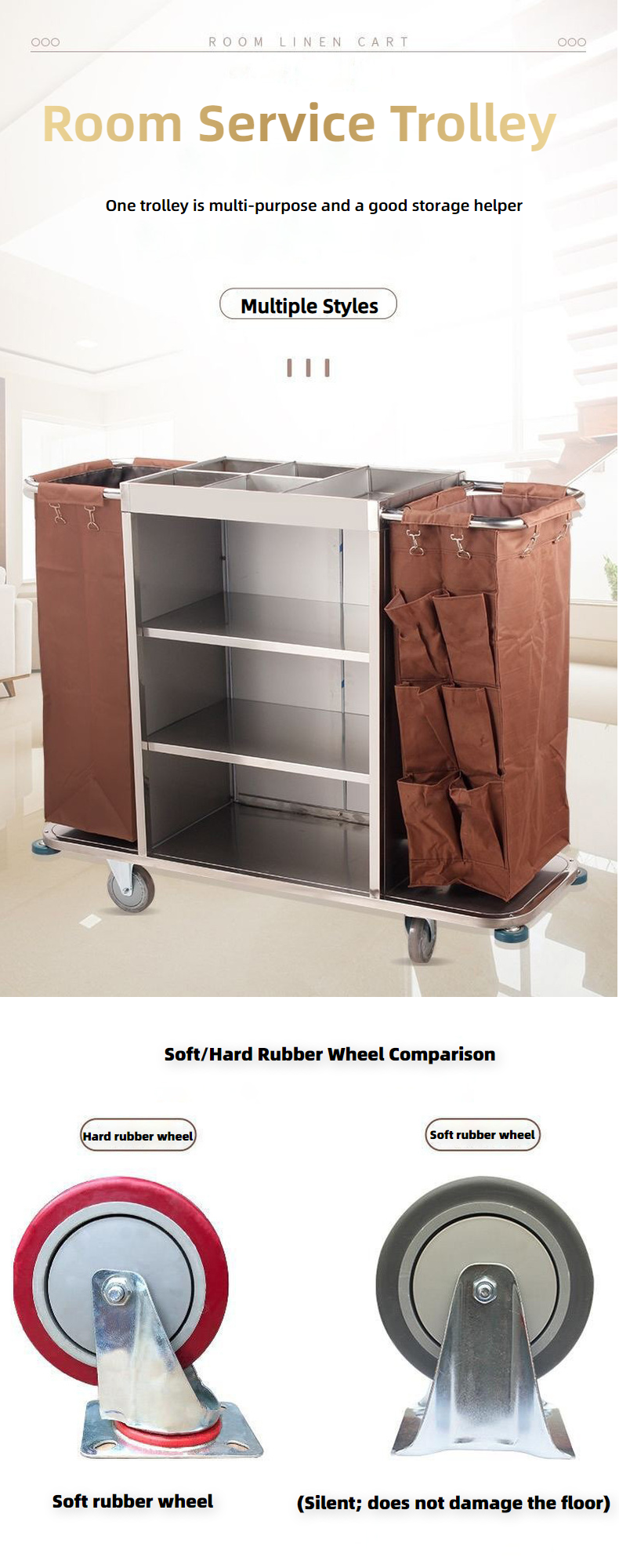 Housekeeping Cleaning Cart — Stainless Steel Maid Trolley