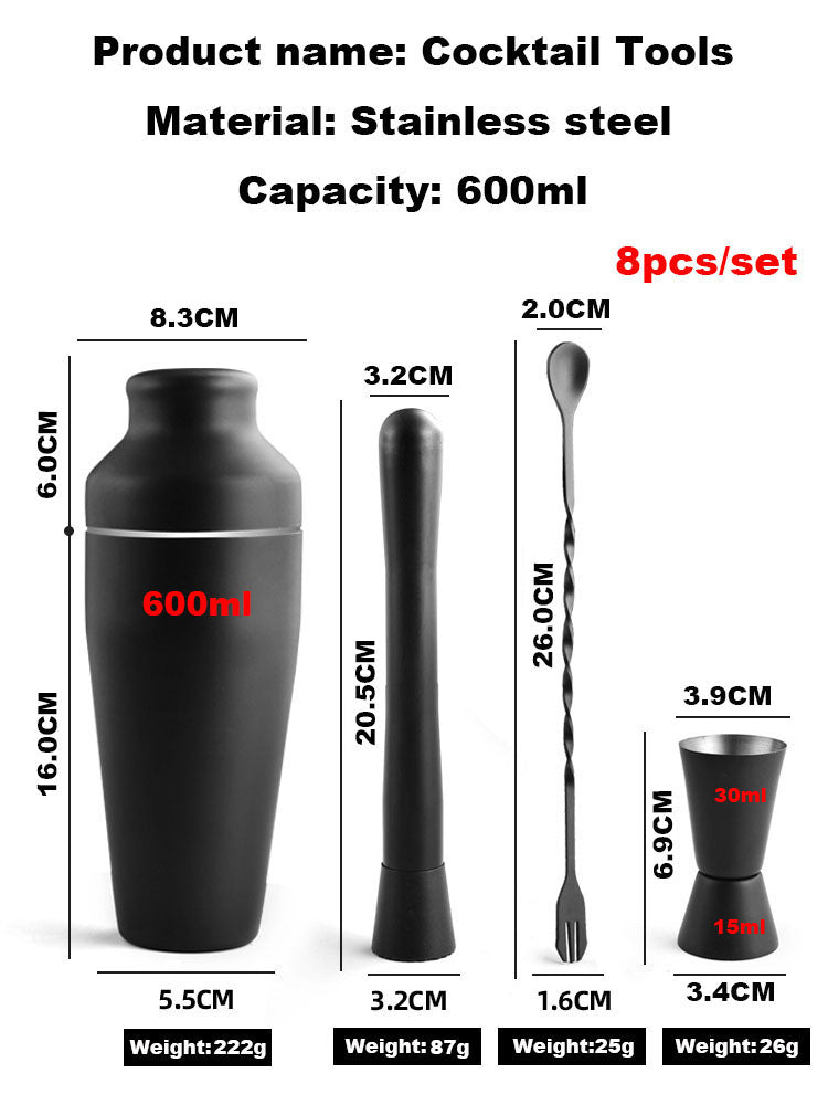 Matte Black Boston Cocktail Shaker Set — 8-Piece Bartender Kit