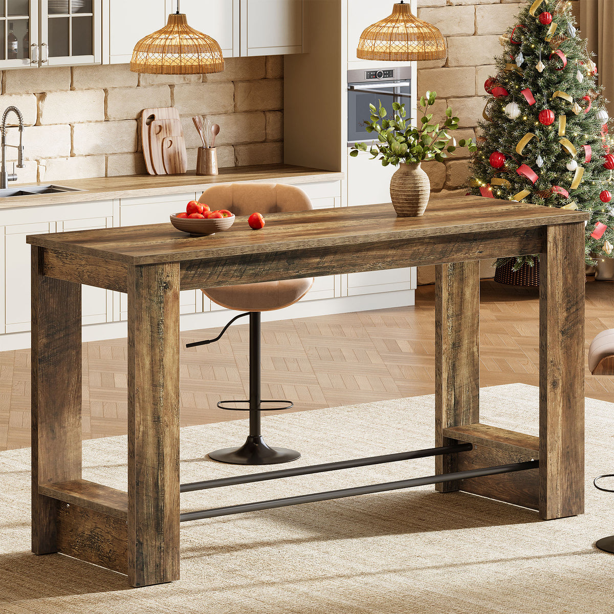 63-Inch Counter-Height Bar Table with Metal Footrest