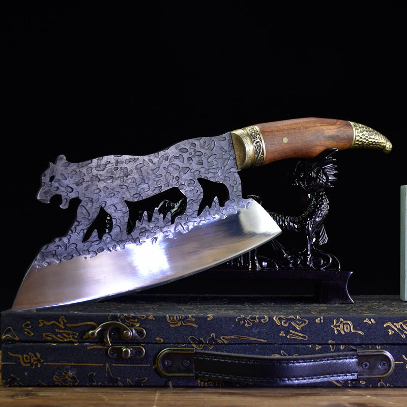 Sandblasted Leopard Cleaver Knife — Hand-Forged High-Manganese Steel
