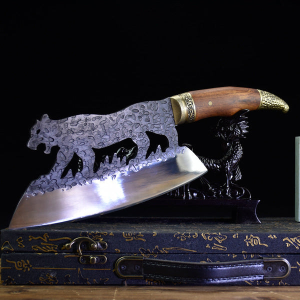 Sandblasted Leopard Cleaver Knife — Hand-Forged High-Manganese Steel
