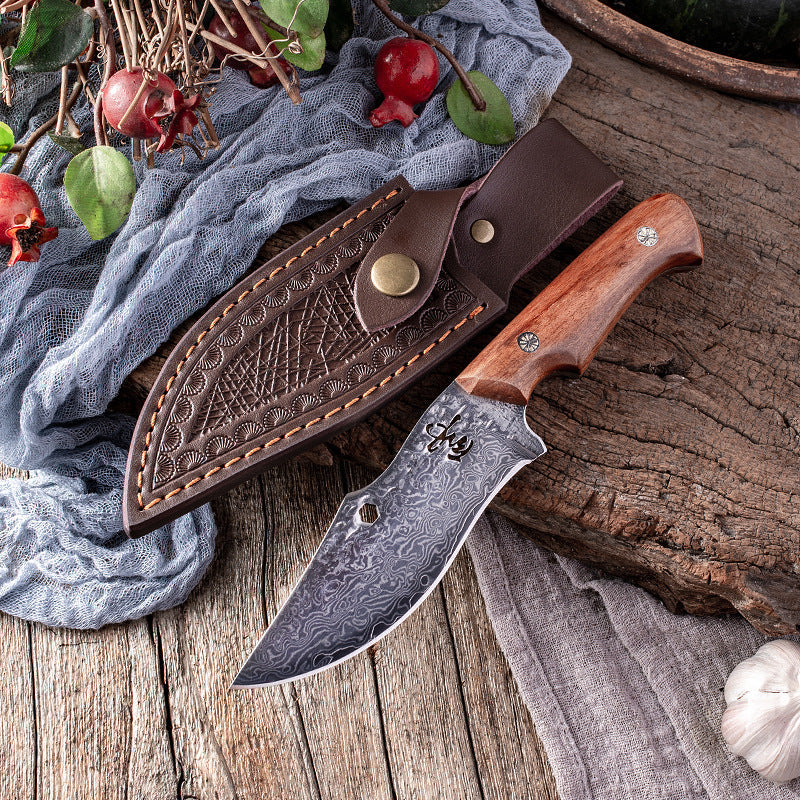 Damascus Steel Steak Knife with Handmade Wood Handle and Sheath