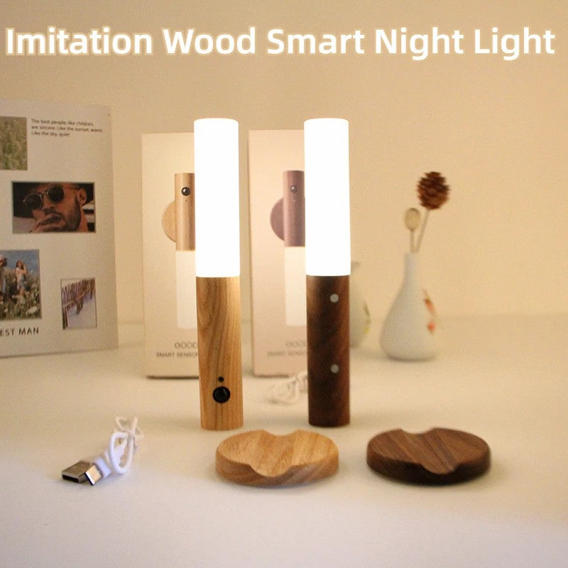 Magnetic Rechargeable LED Motion-Sensor Night Light with Wood Base