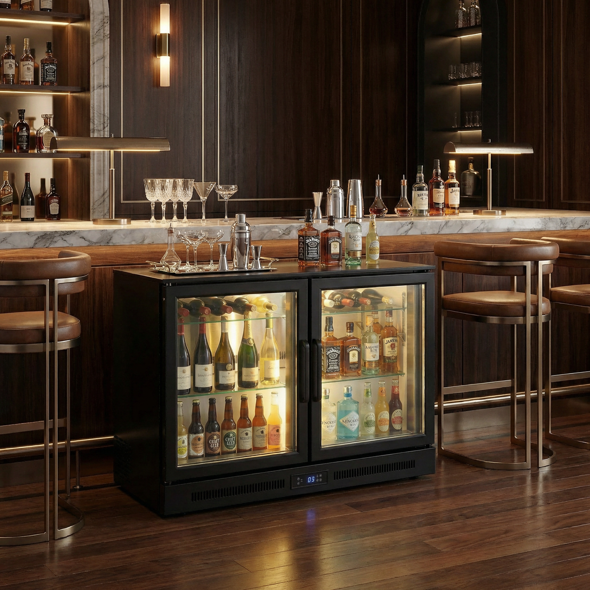 Commercial Under-Counter Glass-Door Refrigerator — Stainless Steel Worktop Chiller