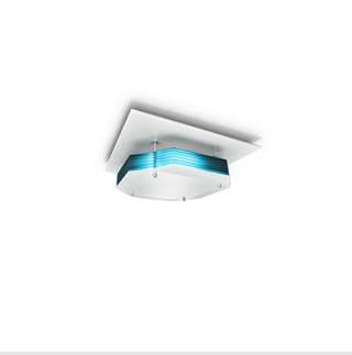 White ceiling-mounted UV disinfection lamp with visible blue UV-C light strips between angled vents
