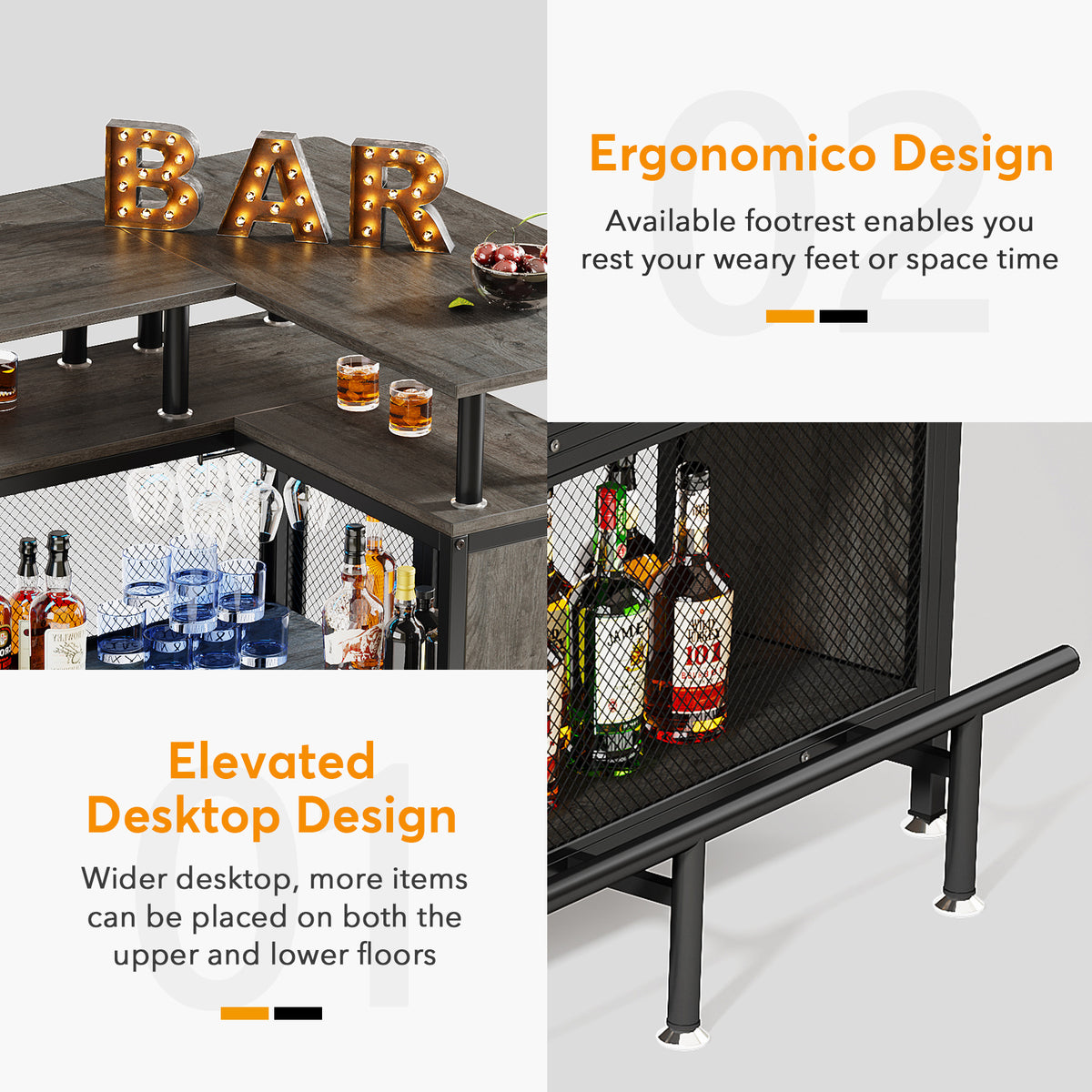 L-Shaped Corner Home Bar Cabinet with Storage & Stemware Racks
