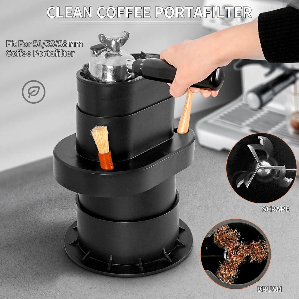 Automatic Standing Portafilter Cleaner — Motorized Scraper & Brushes