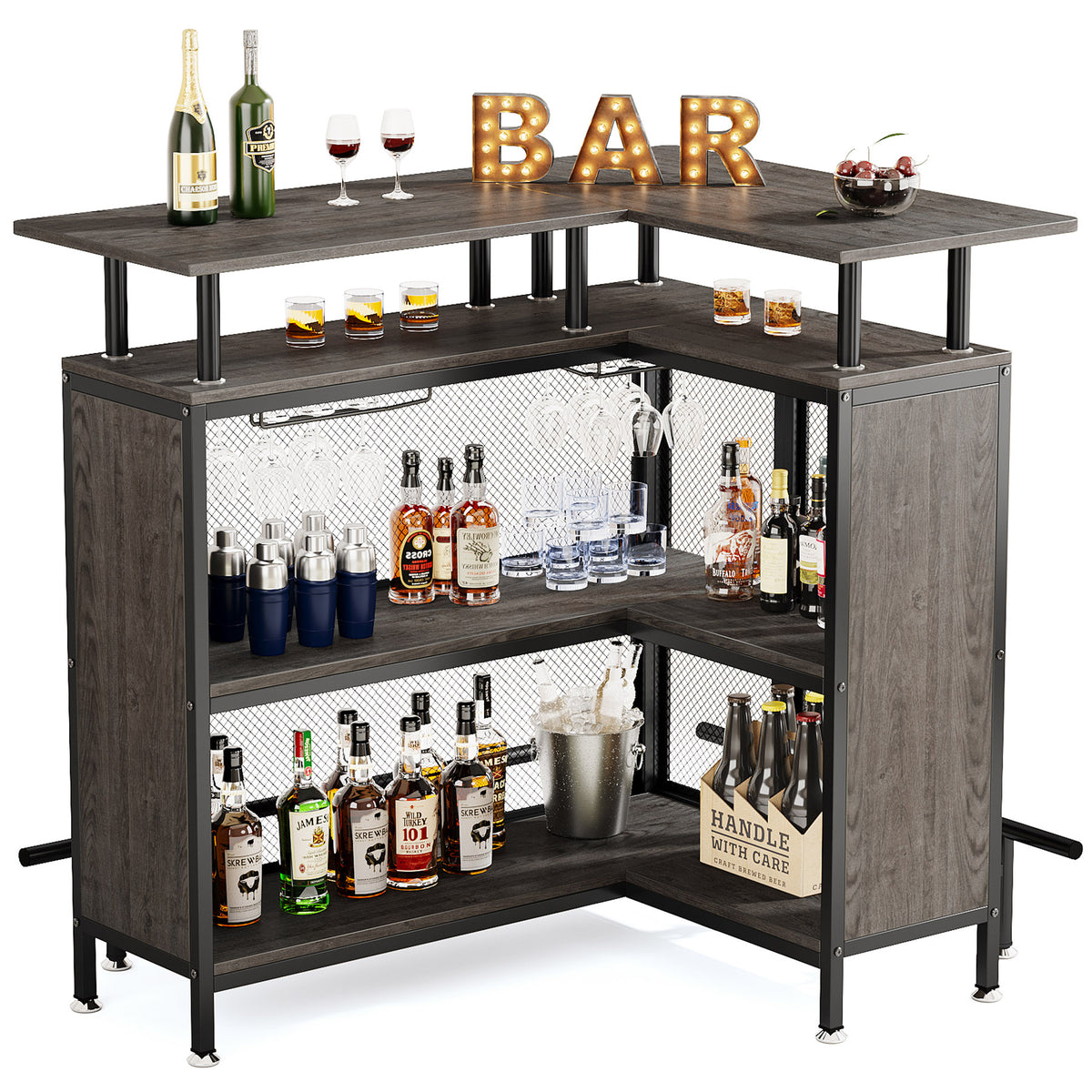 L-Shaped Corner Home Bar Cabinet with Storage & Stemware Racks