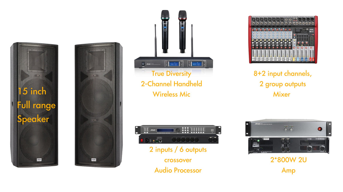 All-in-One 1200–2000W PA System — 15" Speakers, Amp, Mixer & Wireless Mic